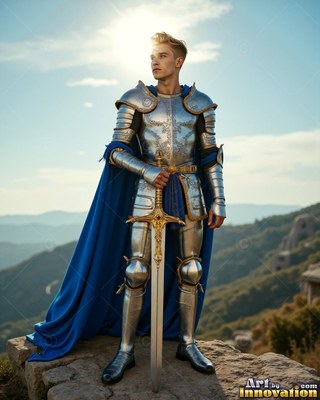 A young man stands on a sunny hill in silver armor with a cape in blue