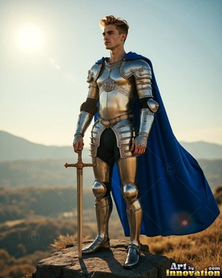 On a sunny hilltop, a young blond-haired man dressed in steel armor rests on his sword in a blue cape