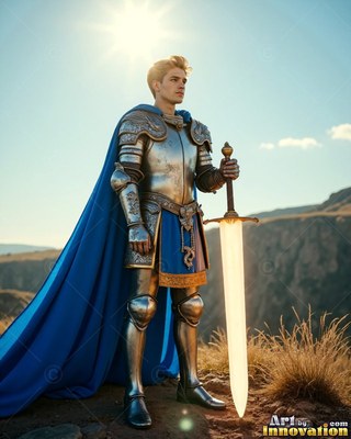 Holding a shining sword, a young armored man in a cape in blue stands on a sunny hill