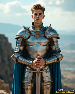 Young man in silver plate armor holding a sword hilt outdoors