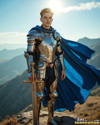 A steel-clad young man plate armor stands on a sunny hilltop in a blue cape