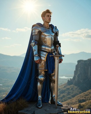 A man wearing steel armor stands on a sword under a bright midday sun