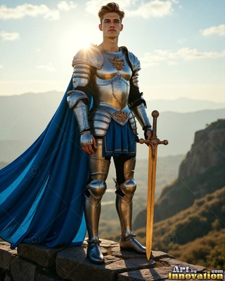 Standing straight on a stone wall, a silver-clad man armor carries a sword