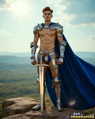 A muscular young man in armor and a bright cape colored blue holds a sword on a cliff