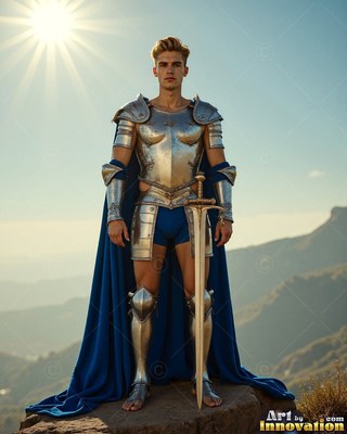 On a sunny mountaintop, a blond man wearing shining silver armor grips a sword by his side