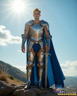 Standing on a hilltop, a blond man wearing silver plate armor carries a sword under a bright sun