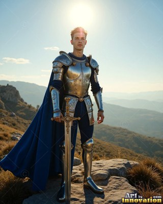 A young man dressed in steel armor grasps a sword on a mountain