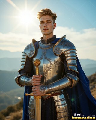 Steel plate armor covers a young man holding a sword on a sunny mountaintop