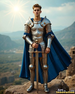A young man in a suit of steel armor rests both hands on a sword under bright sun