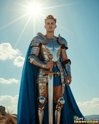 Standing in armor under a bright sun, a fair-haired man holds a sword on a hillside