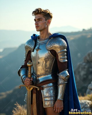A young man wearing steel armor plus a cape in blue holds a sword outdoors