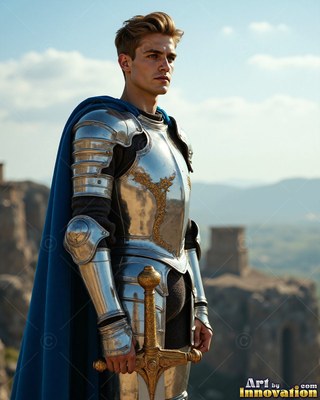 On a sunny hill, a young man stands in steel armor with a cape in blue holding a sword