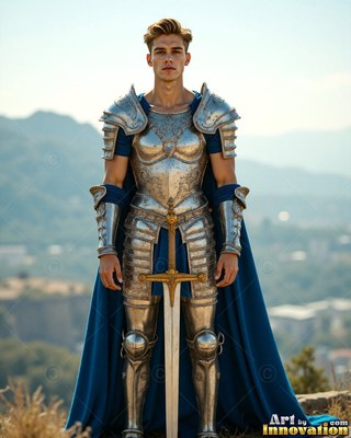 Standing on a hill, a young man wears silver plate armor and carries a sword point down