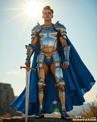 A young man covered in armor of silver and a cape in blue holds a sword outdoors