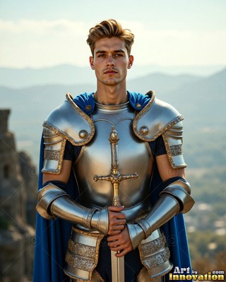 Wearing steel plate armor, a young man with blond hair carries a sword on a sunny hill