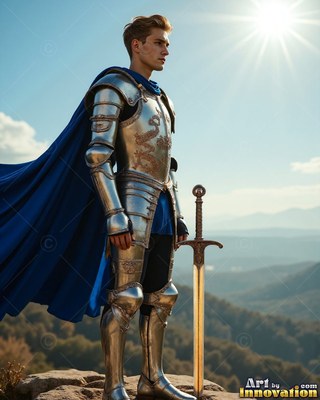 A young man stands in silver plate armor beside his sword under bright sunlight
