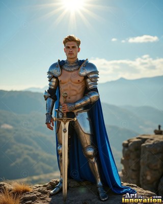 Standing on a mountain peak, a blond man holds a sword in armor plus a blue cape
