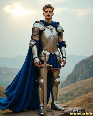 A fair-haired man dressed in silver-plated armor and a long blue cape stands holding a sword outdoors