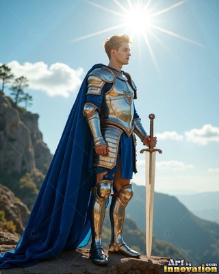 On a sunny mountaintop, a young man dressed in steel armor grips a sword by his side