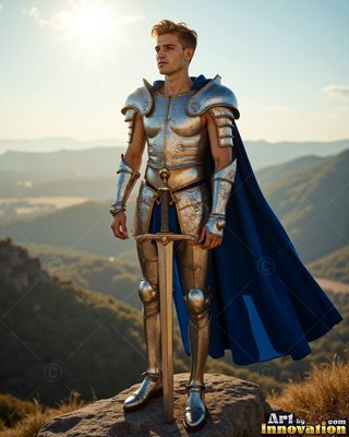 Standing on a high rock, an armor-clad man in steel and a blue cape rests on his sword