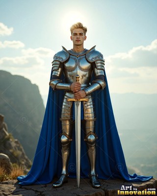 Wearing polished steel armor and a cape colored blue, a young blond man grips a sword on a mountain ridge under sunny skies