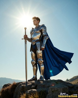 A man in a suit of silver armor stands on a rocky hill with his sword under the bright sun