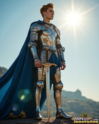 Standing tall on a sunny ridge, a man in armor leans on a long sword