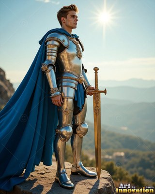 A young man in shiny suit of silver armor alongside a cape in blue carries a sword on a cliff