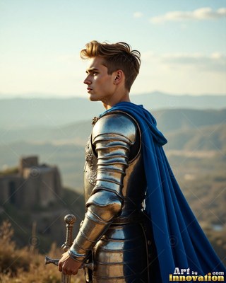 On a mountain hill, a young man in steel armor alongside a blue cloak holds a sword