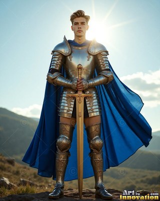 Holding a golden sword, a young man stands in steel armor plus a cape colored blue in the sunlight