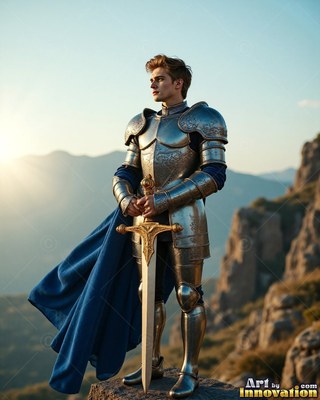 A young silver-clad man armor and a cape in blue holds a sword