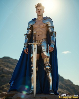 Wearing a cape in blue, a bare-chested young man holds a sword on a rocky hill under the sun