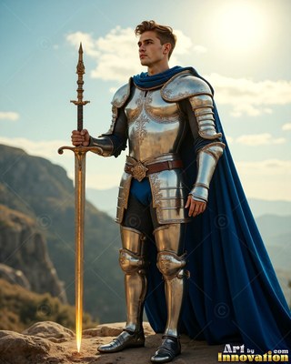 A steel-clad young man armor grips a sword on a mountain in bright sunlight