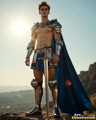 Standing tall on a rocky hill, a man in armor has a sword in hand under bright sunlight