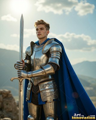 A young man in a suit of steel armor and a bright blue cape holds a tall sword outside