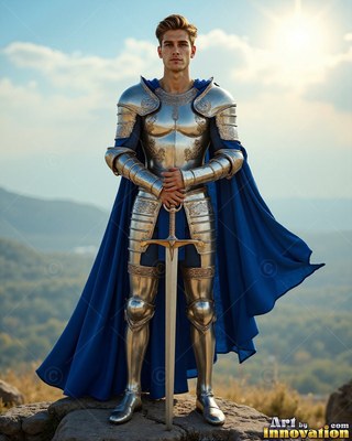 On a high hilltop, a young armor-clad man in steel holds a sword under bright sunlight