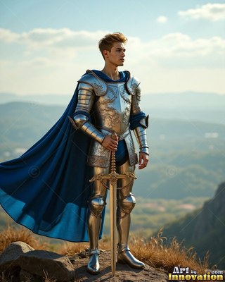 Standing on a hill, a young man wearing silver armor rests his hand on a sword