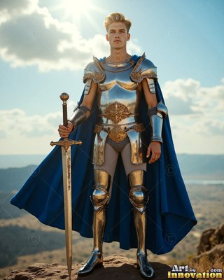 A young blond man in steel armor stands outdoors with a sword and blue cape