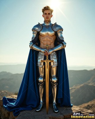 Polished steel armor covers a blond-haired man holding a sword on a sunlit cliff