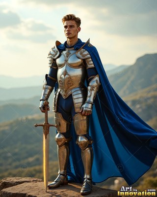 A young silver-clad man armor stands on a cliff with a sword, draped in a bright cape colored blue