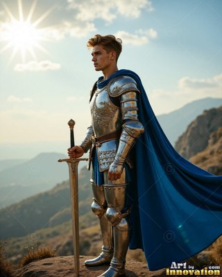 Standing on a rocky hill, a young man in steel armor alongside a cape in blue holds a sword