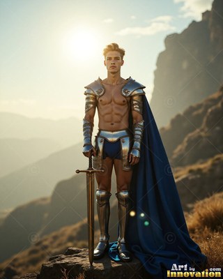 A bare-chested man in a suit of steel armor and a cape in blue holds a sword on a mountain peak