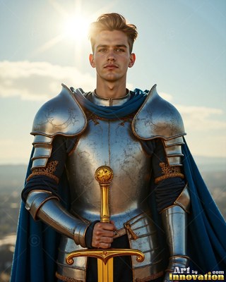 Holding a gold sword, a young man stands outdoors in steel armor with a cape in blue