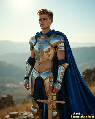 A steel-clad young man armor and a cape in blue grips a sword outdoors