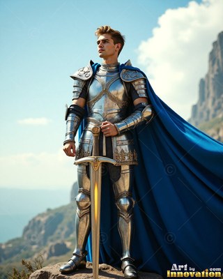 A long cape in blue falls behind a young man in steel armor standing on a rocky mountain peak