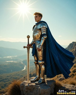 A young man in armor stands on a rocky hill with his sword under the bright sun