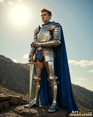 Standing tall on a rocky hilltop, a young man wearing steel armor wears a cape colored blue