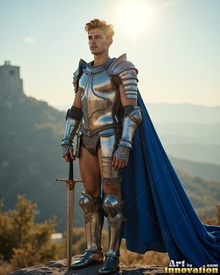 A young man wearing steel armor has a sword in hand on a sunny hillside by a blue cape