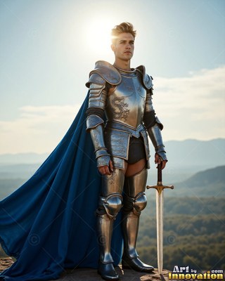 On a sunlit hill, a young silver-clad man armor with a blue cape grips a sword