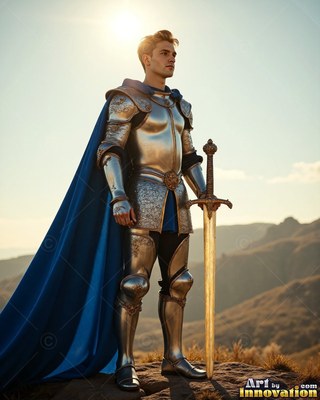 Standing on a hilltop, a young man wearing armor of silver and a bright cape colored blue grips a sword